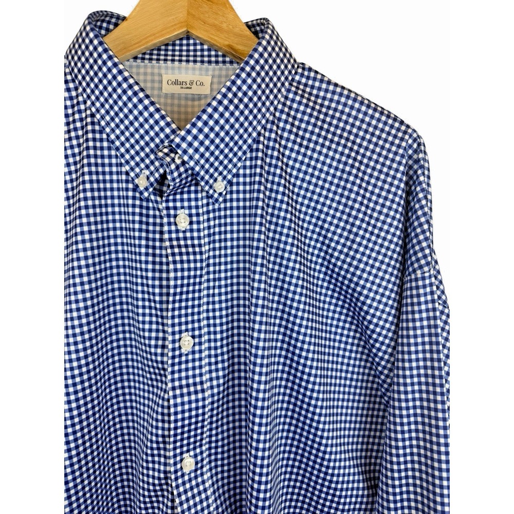 Collars & Co. Men's Blue Gingham Check‎ Long Sleeve Button Up Shirt 3XL Stretch